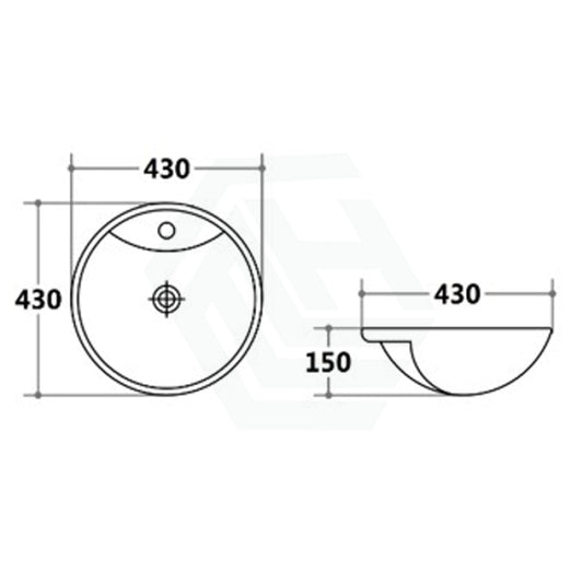 430X430X150Mm Round Gloss White Semi Recessed Ceramic Basin One Tap Hole