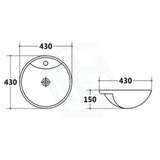 430X430X150Mm Round Gloss White Semi Recessed Ceramic Basin One Tap Hole