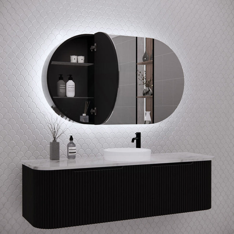 450/870/1200Mm Oval Led Backlit Pencil Edge Mirror Cabinet Matt Black Shaving Cabinets