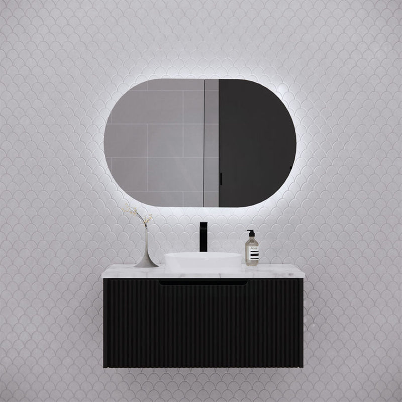 450/870/1200Mm Oval Led Backlit Pencil Edge Mirror Cabinet Matt Black Shaving Cabinets