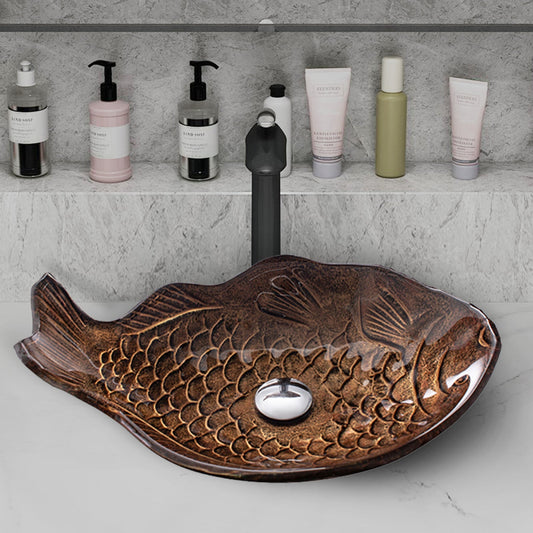 450X350X170Mm Above Counter Glass Art Basin Special Fish Shape Bathroom Antique Vintage Wash