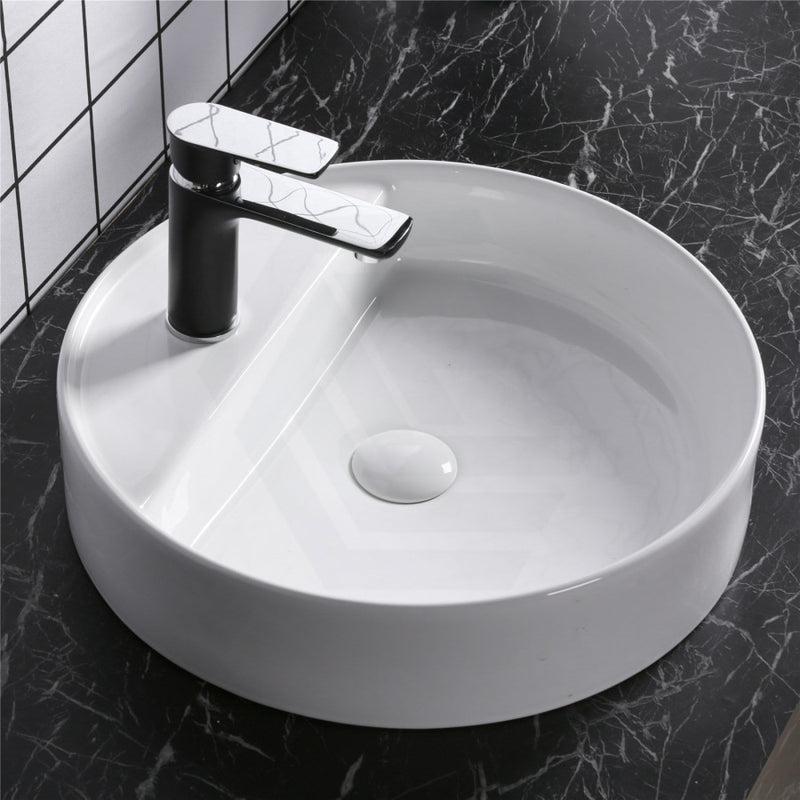 450X450X105Mm Above Counter Basin Gloss White Bathroom Round Ceramic Wash With Tap Hole