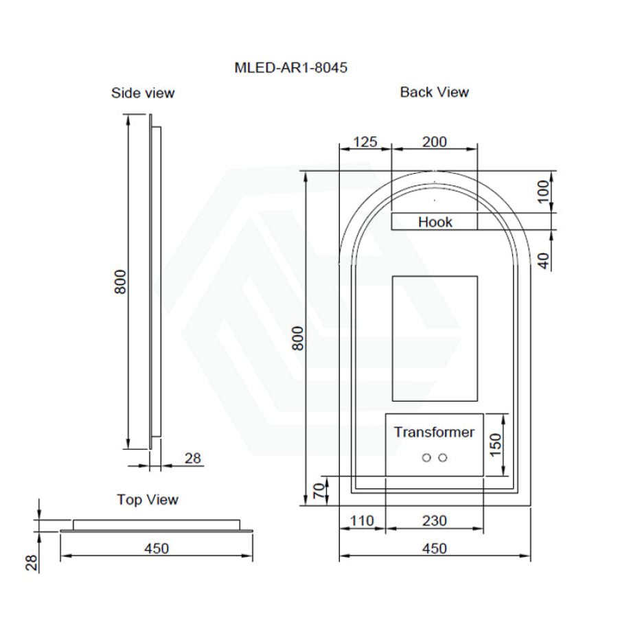 450X800Mm Arch Led Mirror Backlit Touch Sensor Special Shape Led Mirrors