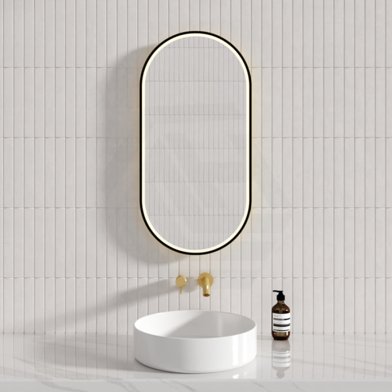 450X900Mm Beau Monde Led Mirror Oval Matt Black Framed Touch Sensor Backlit For Bathroom Mirrors