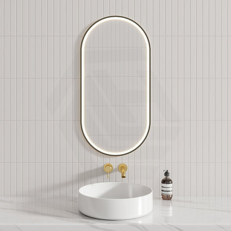450X900Mm Beau Monde Led Mirror Oval Matt Black Framed Touch Sensor Backlit For Bathroom Mirrors