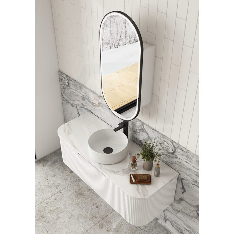 450X900Mm Beau Monde Led Mirror Oval Shaving Cabinet Matt White Finish Black Framed Touchless