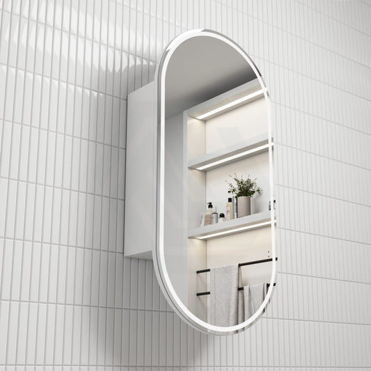 450X900Mm Beau Monde Led Mirror Oval Shaving Cabinet Matt White Finish Frameless Touchless Sensor