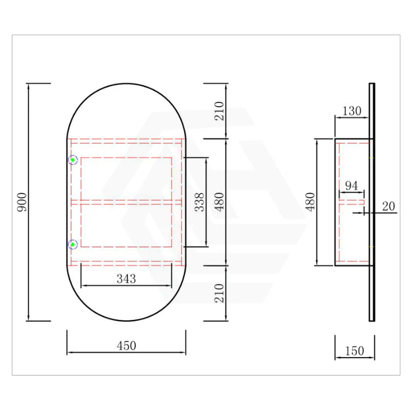 450X900Mm Beau Monde Wall Hung Oval Pill - Shaped Shaving Mirror Cabinet Matt White Finish For