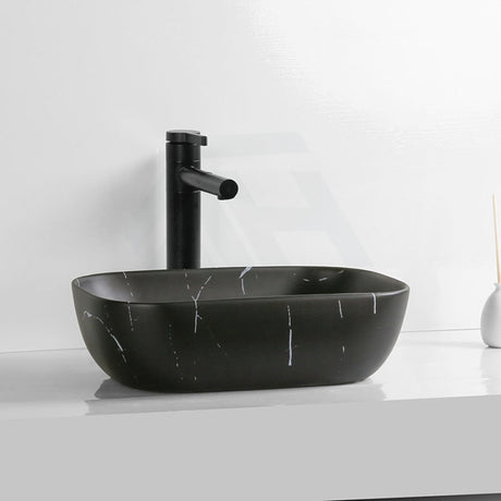 460X330X135Mm Ceramic Basin Above Counter Rectangle Carrara Marble Matt Black Basins