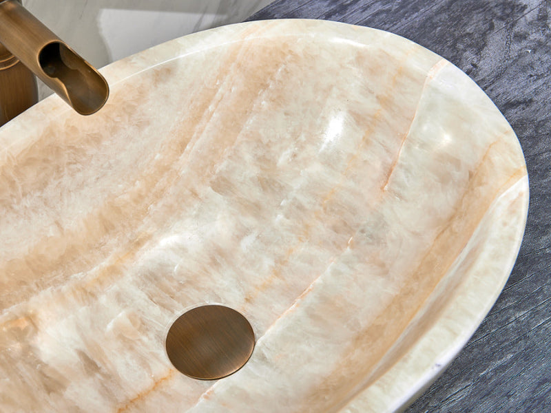480X320X140Mm Above Counter Stone Basin Oval Shape Yellow Onyx Surface Bathroom Wash Antique Vintage