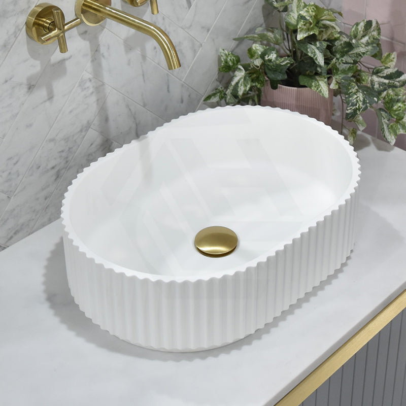 480X345X140Mm Stadio Groove Fluted Oval Above Counter Matt White Artificial Stone Basin Basins