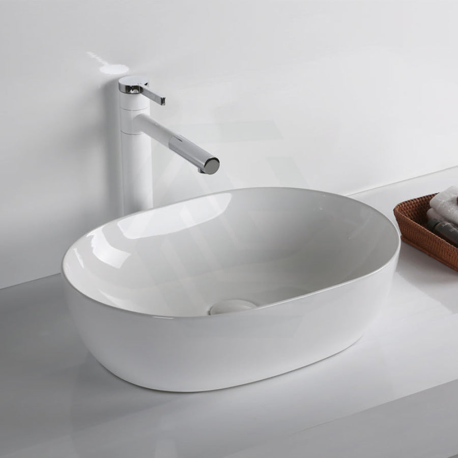 490X350X135Mm Oval Above Counter Gloss White Ceramic Basin