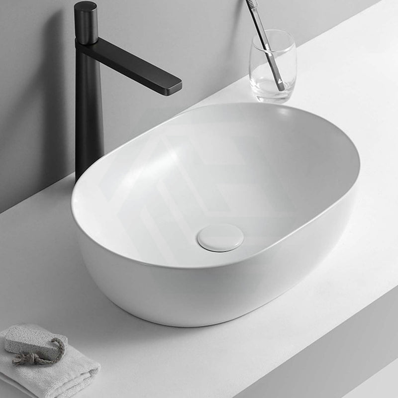 490X355X130Mm Oval Above Counter Gloss White Ceramic Basin Ultra Slim