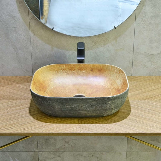 490X385X140Mm Rectangle Porcelain Above Counter Basin Bathroom Wash Art Pumpkin&green Exterior