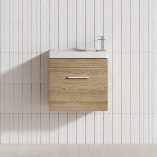 500X250X580Mm Wall Hung Bathroom Floating Vanity With Ceramic Top White Oak Wood Grain One Tap Hole