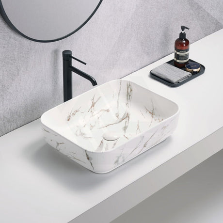 500X390X130Mm Rectangle Matt White Carrara With Gold Vein Above Counter Ceramic Basin Marble Basins