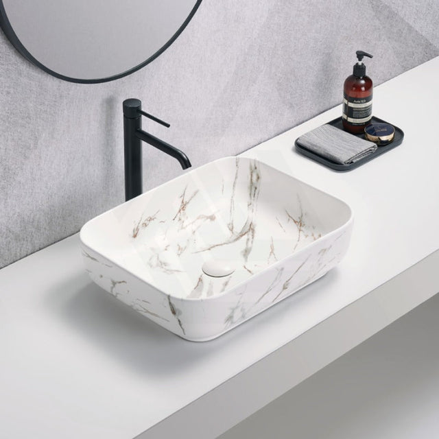 500X390X130Mm Rectangle Matt White Carrara With Gold Vein Above Counter Ceramic Basin Marble Basins