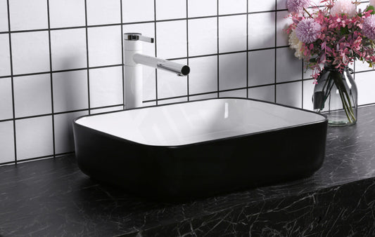 500X400X135Mm Above Counter Basin Gloss White & Black Bathroom Rectangle Ceramic Wash