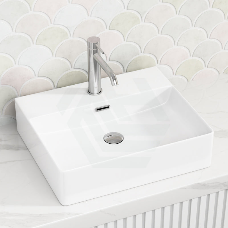 500X420X130Mm Above Counter / Wall Hung Rectangle Gloss White Ceramic Basin One Tap Hole Basins