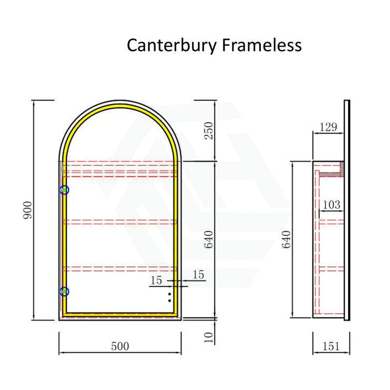 500X900Mm Canterbury Led Mirror Arch Shaving Cabinet Carita Finish Frameless Touchless Sensor