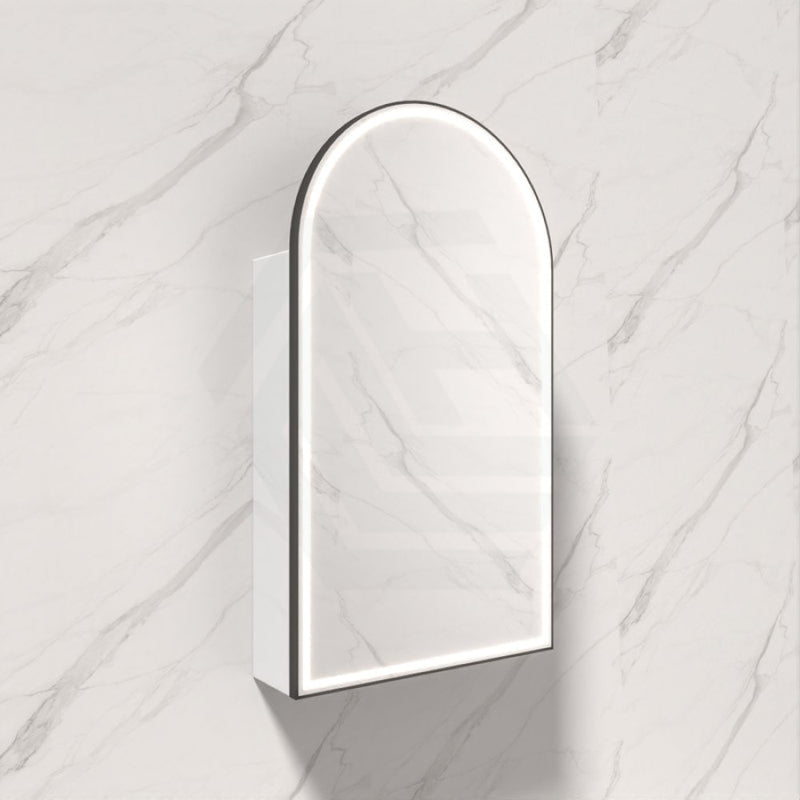 500X900Mm Canterbury Led Mirror Arch Shaving Cabinet Matt White Finish Black Framed Touchless