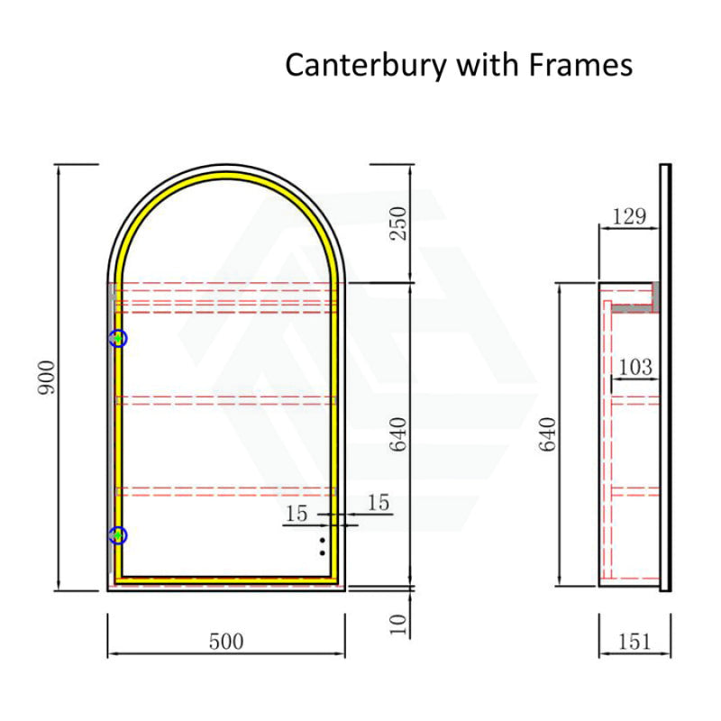 500X900Mm Canterbury Led Mirror Arch Shaving Cabinet Matt White Finish Black Framed Touchless