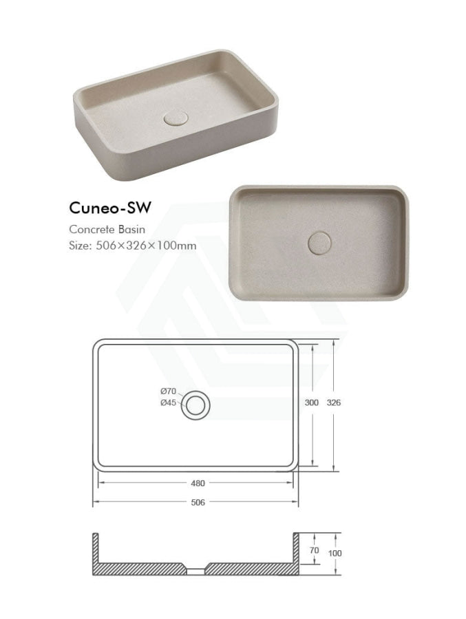 506X326X100Mm Rectangle Above Counter Concrete Basin White Sandstone Pop Up Waste Included Basins