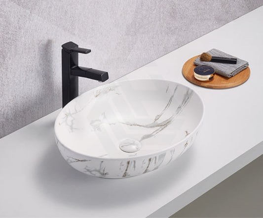 510X395X133Mm Bathroom Wash Basin Oval Above Counter Matt White Carrara Ceramic Marble Basins