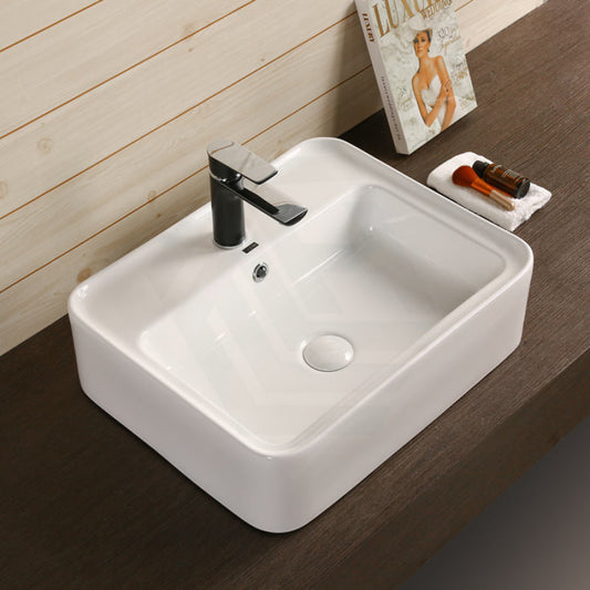 530X430X155Mm Rectangle Gloss White Ceramic Above Counter Basin With Overflow Hole