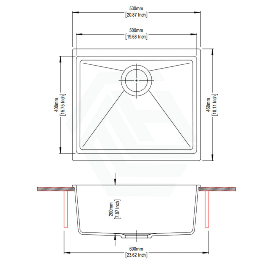 530X460X200mm Carysil Black Single Bowl Granite Kitchen/ Laundry Sink Top/ Under Mount Kitchen