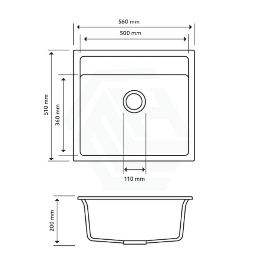 560X510X200mm Carysil Concrete Grey Single Bowl Granite Top/ Flush/ Under Mount Kitchen/ Laundry Sink