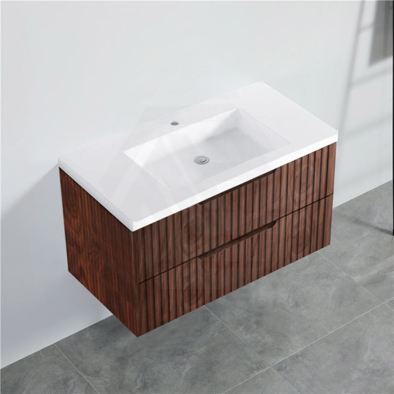 600-1500Mm Bali Wall Hung Bathroom Floating Vanity Brown Oak Linear Fluted Cabinet Pvc Coating