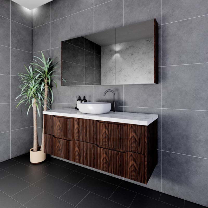 600-1500Mm Bali Wall Hung Bathroom Floating Vanity Brown Oak Linear Fluted Cabinet Pvc Coating