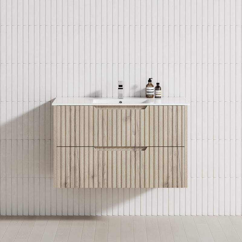 600-1500Mm Bali Wall Hung Bathroom Floating Vanity White Oak Linear Fluted Cabinet Pvc Coating