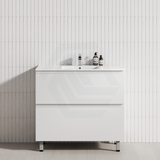 600-1500Mm Bathroom Freestanding Vanity With Legs Gloss White Polyurethane Pvc Cabinet Only 