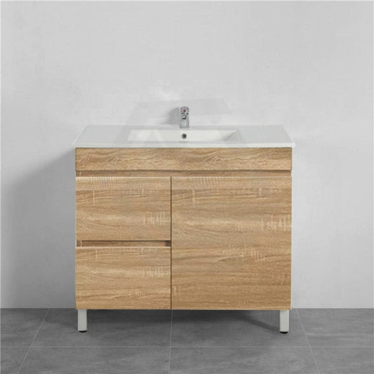 600-1500Mm Berge Freestanding Bathroom Floor Vanity White Oak Wood Grain Pvc Filmed Cabinet Only &