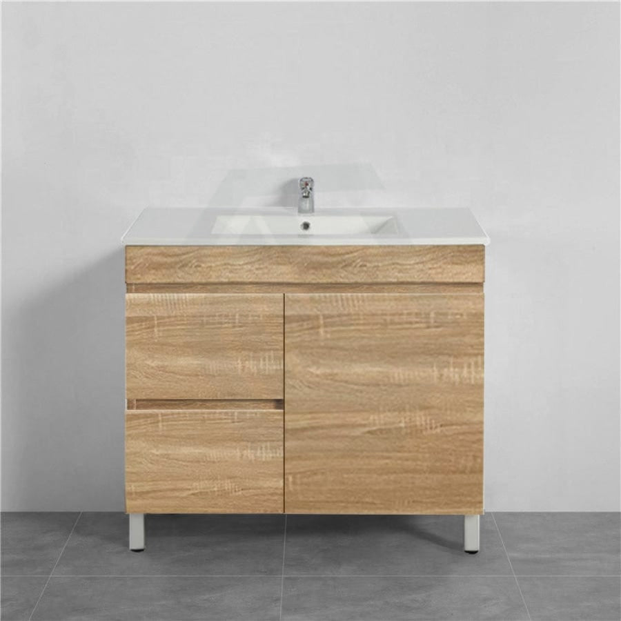 600-1500Mm Berge Freestanding Bathroom Floor Vanity White Oak Wood Grain Pvc Filmed Cabinet Only 