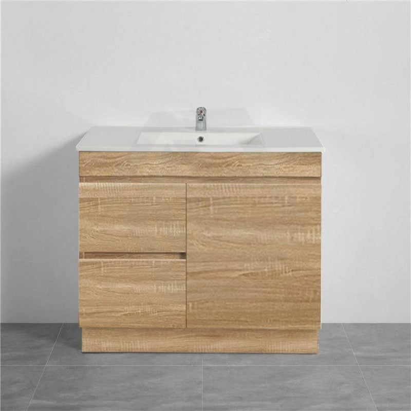 600-1500Mm Berge Freestanding Bathroom Floor Vanity With Kickboard White Oak Wood Grain Pvc Filmed