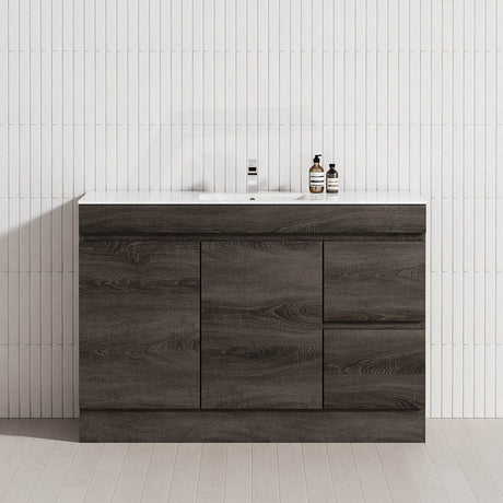 600-1500Mm Berge Freestanding Vanity With Kickboard Dark Grey Wood Grain Pvc Filmed Cabinet Only &