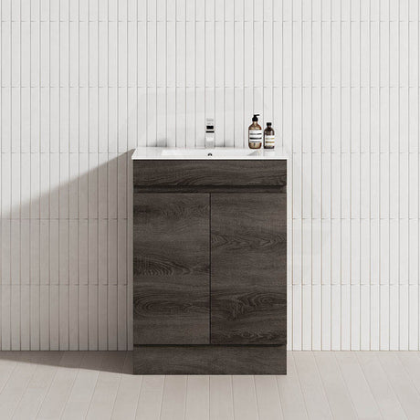 600-1500Mm Berge Freestanding Vanity With Kickboard Dark Grey Wood Grain Pvc Filmed Cabinet Only &