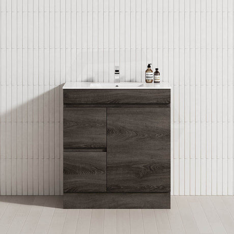 600-1500Mm Berge Freestanding Vanity With Kickboard Dark Grey Wood Grain Pvc Filmed Cabinet Only &