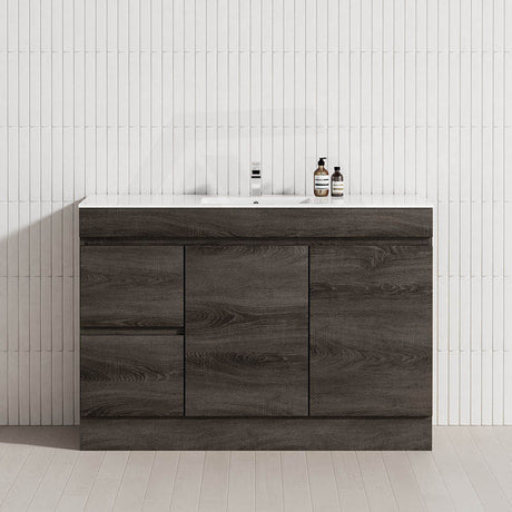 600-1500Mm Berge Freestanding Vanity With Kickboard Dark Grey Wood Grain Pvc Filmed Cabinet Only &