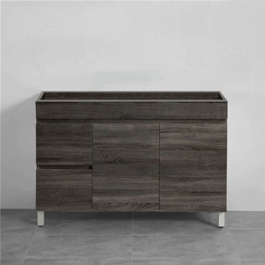 600-1500Mm Berge Freestanding Vanity With Legs Dark Grey Wood Grain Pvc Filmed Cabinet Only 