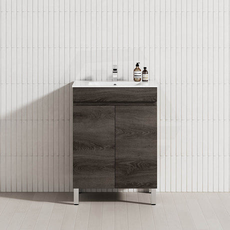 600-1500Mm Berge Freestanding Vanity With Legs Dark Grey Wood Grain Pvc Filmed Cabinet Only 