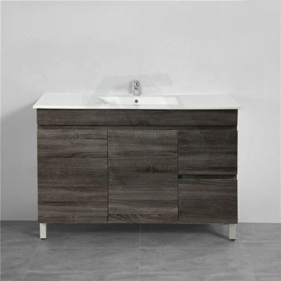 600-1500Mm Berge Freestanding Vanity With Legs Dark Grey Wood Grain Pvc Filmed Cabinet Only 