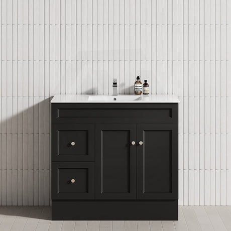 600-1500Mm Harrington Freestanding Vanity With Kickboard Matt Black Pvc Cabinet Only & Ceramic Top