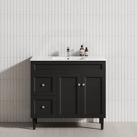 600-1500Mm Harrington Freestanding Vanity With Legs Matt Black Pvc Cabinet Only & Ceramic Top