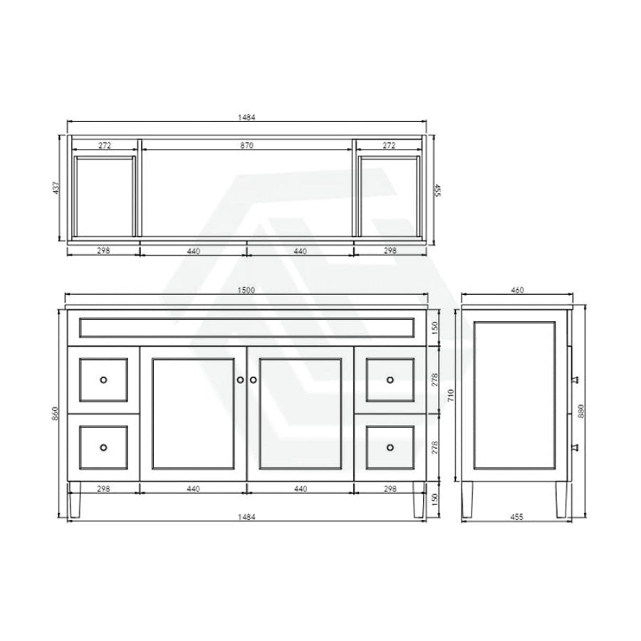 600-1500Mm Harrington Freestanding Vanity With Legs Matt White Pvc Cabinet Only & Ceramic Top