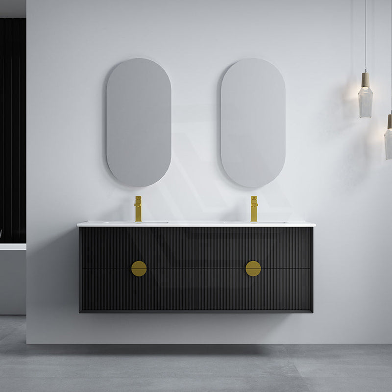 600-1500Mm Wall Hung Plywood Vanity Matt Black Linear Surface Single/Double Bowls Cabinet Only For