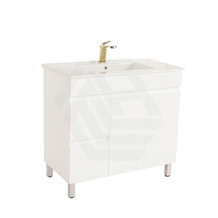 900Mm Premium Bathroom Vanity Freestanding Left/right Drawers White Pvc Polyurethane Cabinet Only 